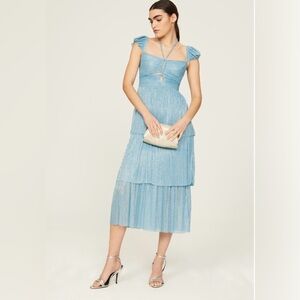 Sabina Musayev Light Blue Tiered Midi Dress with Cap Sleeves